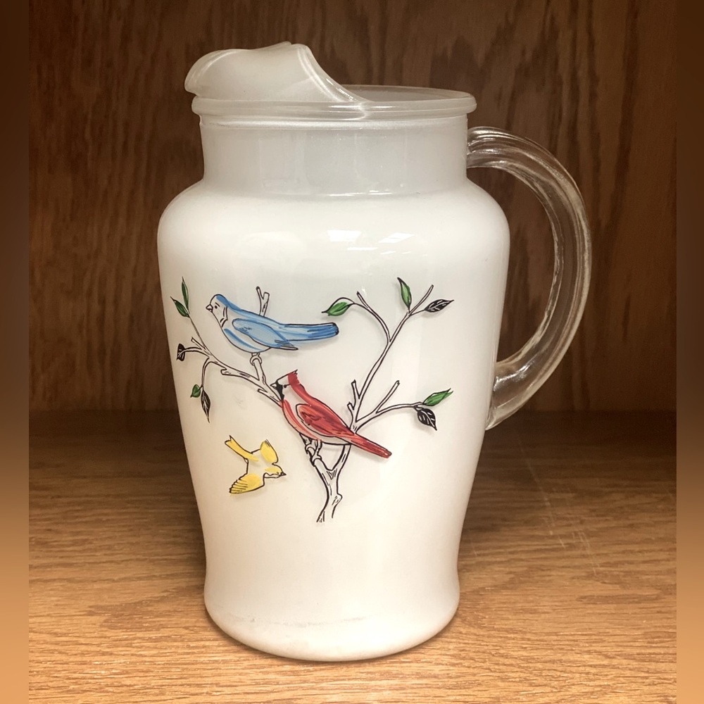 Vintage 1950s Bartlett Collins Feathered Birds Milk Glass Pitcher